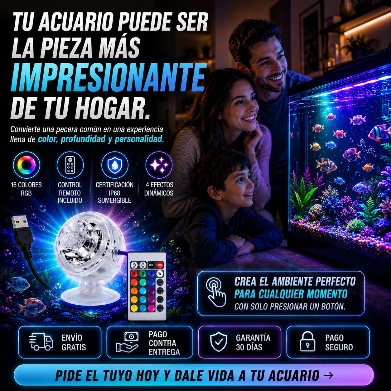 Foco LED Sumergible RGB para Acuario | 16 Colores Vibrantes que Transforman tus Espacios al Instante
