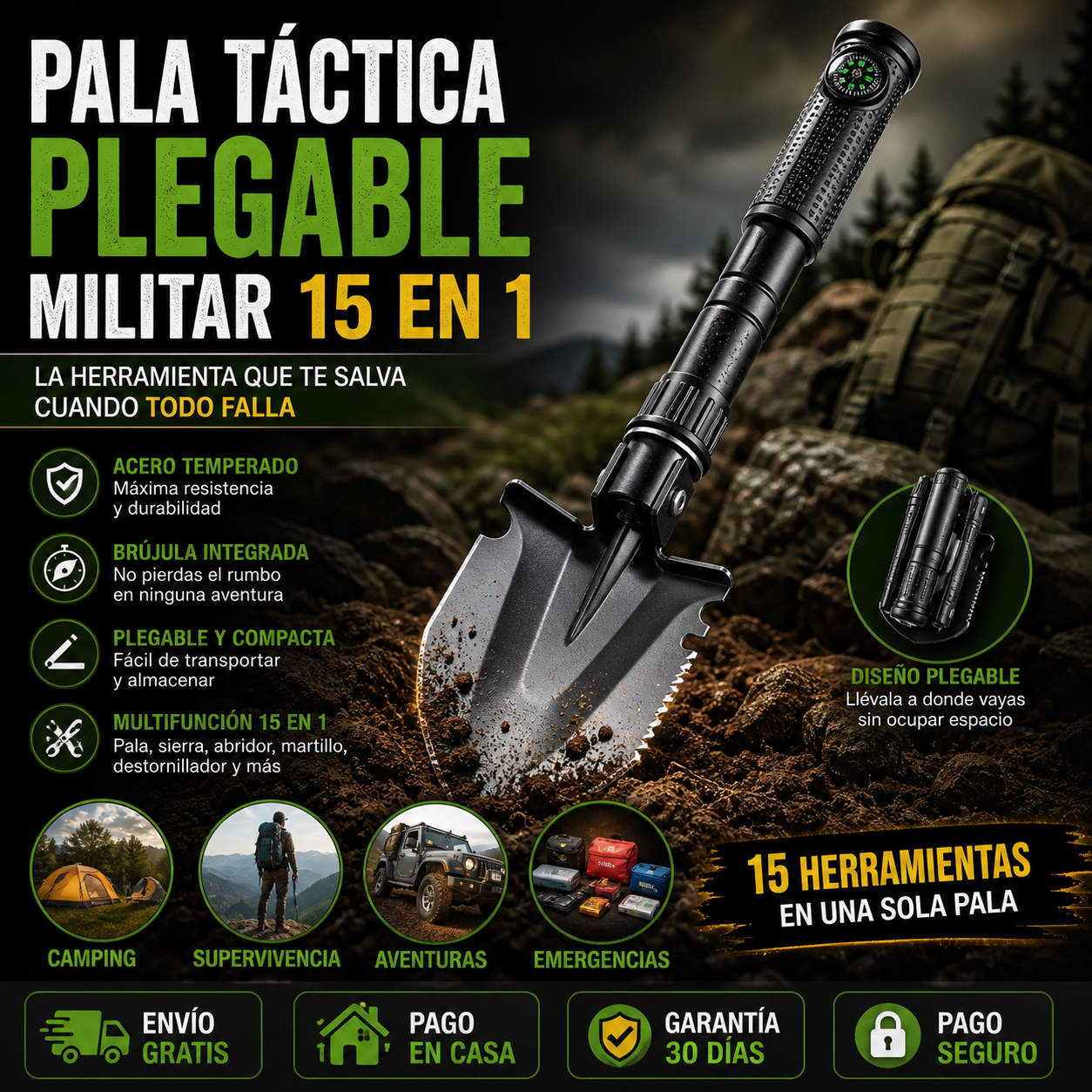 Pala Táctica Plegable Militar | Camping y Supervivencia
