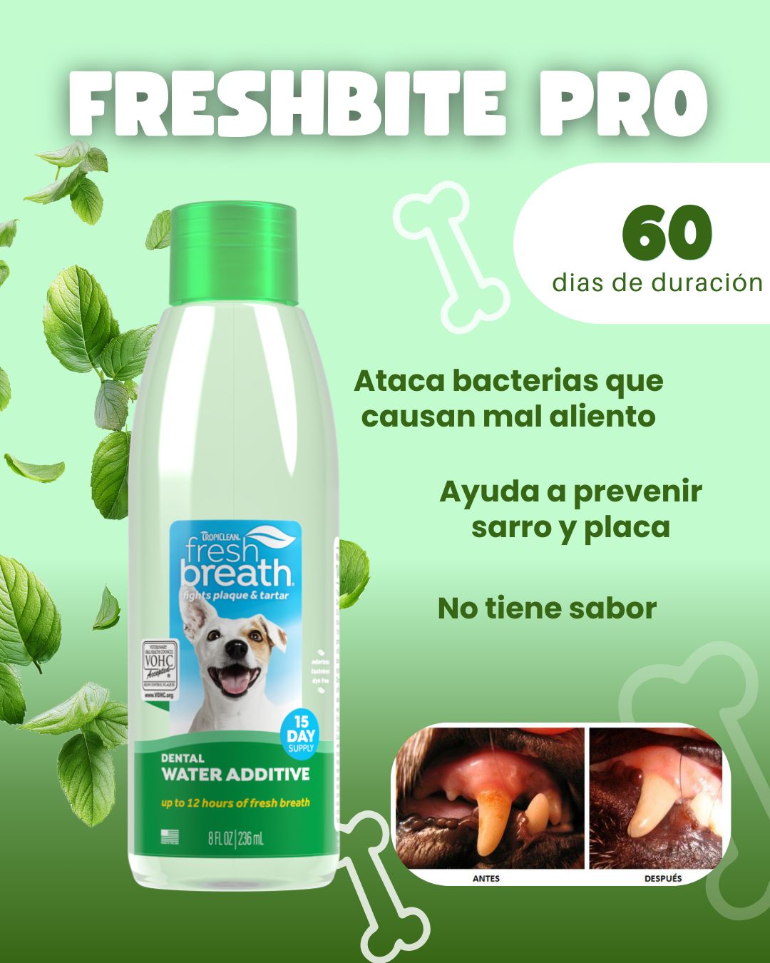 FreshBite – Elimina el mal aliento y combate el sarro (solo agregándolo al agua) para 60 dias