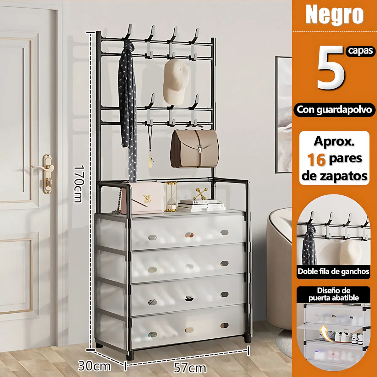 ORGANIZADOR 2 EN 1 PERCHERO + ZAPATERO CON CUBIERTA ANTIPOLVO