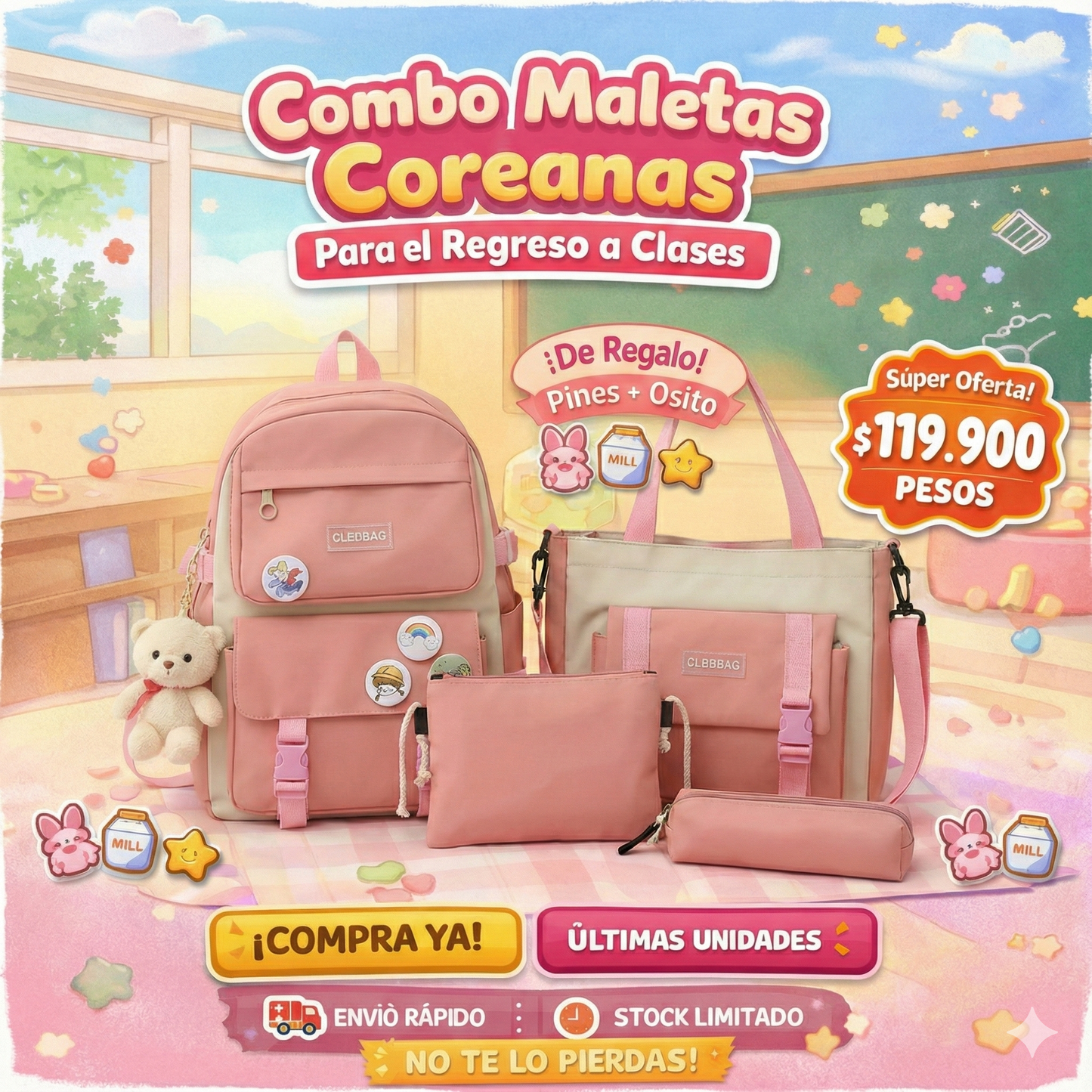 Maletas coreanas - Regreso a clases con 5 piezas + osito de regalo