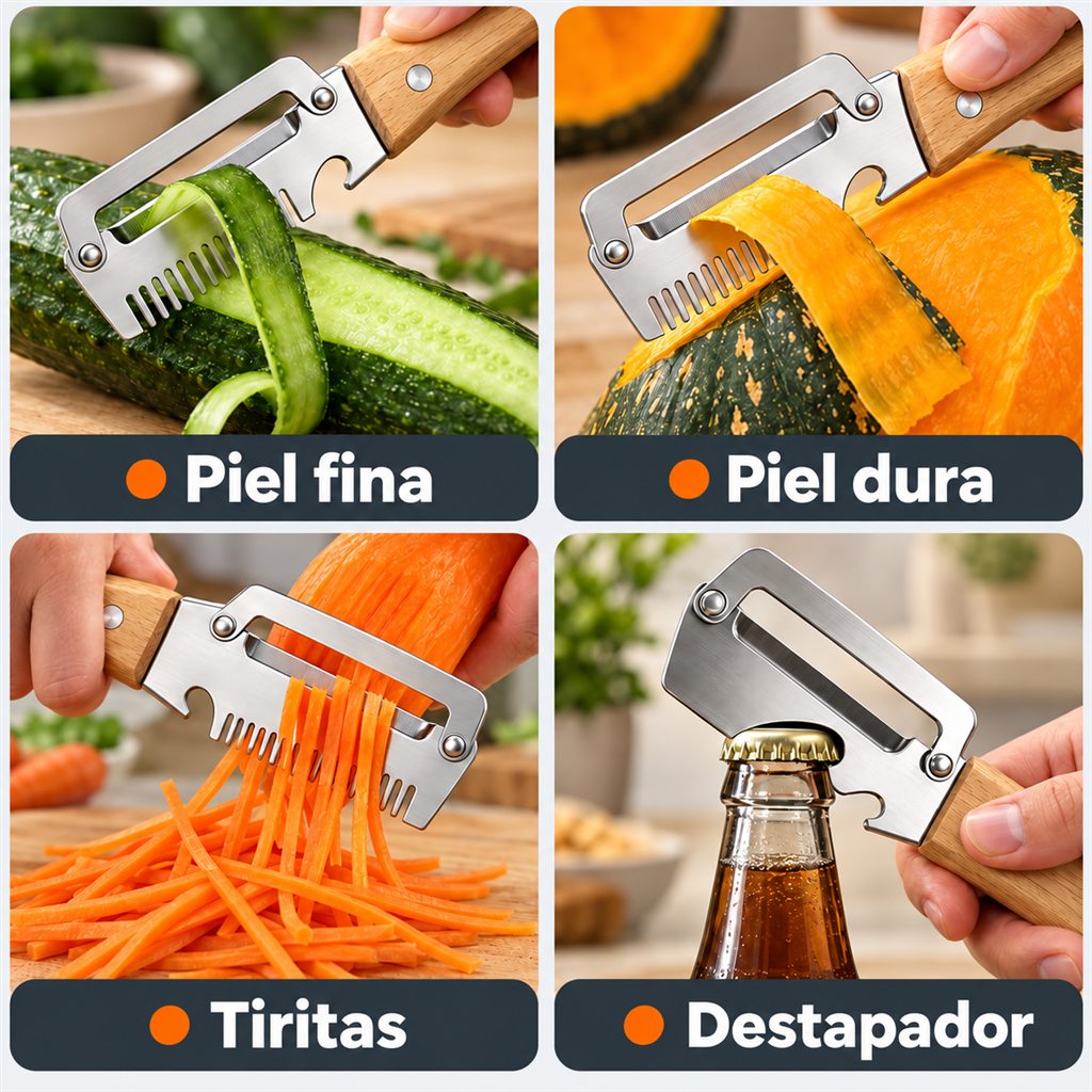 4 usos: piel fina, piel dura, tiritas y destapador